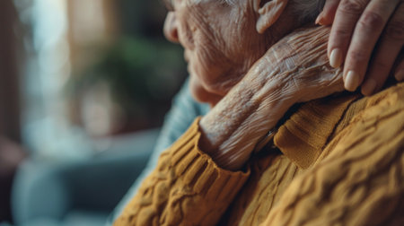 A tender moment depicting an elderly woman in a cozy setting, showcasing affection and care through gentle hands and a warm atmosphere, embodying love and connection.の素材