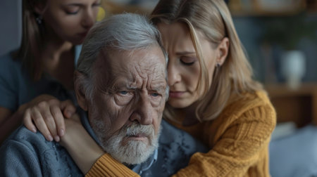 A heartfelt scene featuring an elderly man surrounded by two women, showcasing deep emotions of care, support, and love in a relatable family moment.の素材