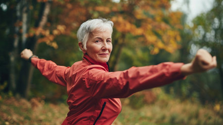 A vibrant senior woman practices outdoor exercise with open arms, surrounded by autumn foliage. Her expression reflects joy and vitality, showcasing an active lifestyle in nature.の素材
