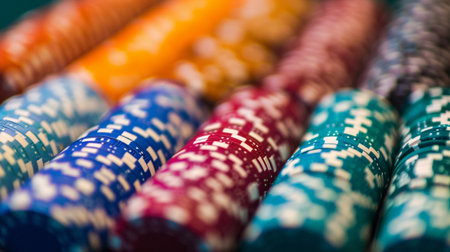 A vibrant collection of casino poker chips stacked in a row, showcasing various colors and intricate patterns. Perfect for themes related to gambling and gaming excitement.の素材