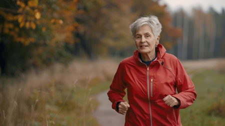 An elderly woman enjoys jogging in a picturesque autumn park, surrounded by colorful foliage. Her joyful expression reflects an active and healthy lifestyle amidst nature.の素材