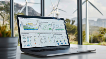 A laptop showcasing data analytics with various charts next to large wind turbines, highlighting renewable energy, technology, and sustainable practices in a modern workspace.の素材