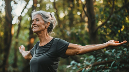 An older woman savors the tranquility of nature, standing in a forest with her arms outstretched. This serene moment captures the essence of joy and connection with the outdoors.の素材