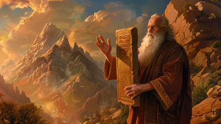 A majestic scene of an ancient figure holding a stone tablet, set against a stunning mountain landscape that evokes themes of wisdom and spirituality.の素材