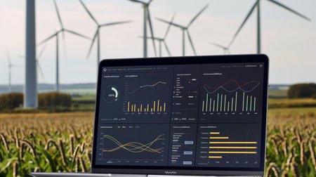 A laptop showcasing data analytics sits in a vibrant field, with wind turbines spinning in the background, illustrating the link between technology and renewable energy.の素材