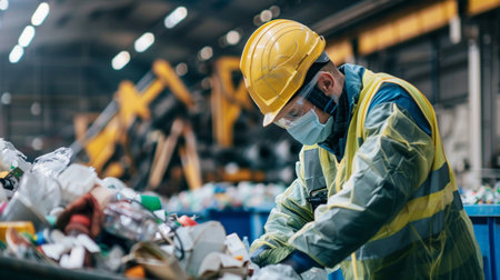 A diligent worker in a safety helmet and mask sorts through plastic waste at a recycling facility, promoting eco-friendly practices and sustainability.の素材