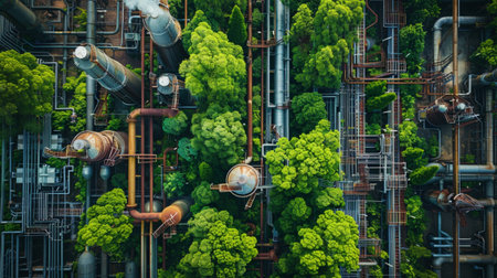 Aerial view of an industrial facility intertwined with lush green trees, showcasing the blend of technology and nature. Pipes and structures create a unique landscape.の素材