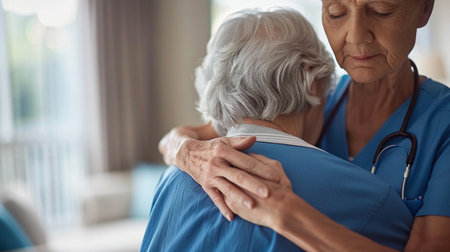 A compassionate caregiver offers a warm embrace to an elderly patient, highlighting the emotional bond and support found in a healthcare environment focused on well-being.の素材