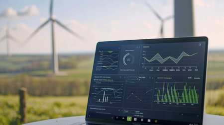 A laptop showcasing data analytics in front of wind turbines demonstrates the fusion of technology and renewable energy in a picturesque rural setting.の素材