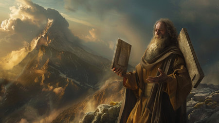 An imaginative portrayal of a wise figure holding stone tablets against a majestic mountain backdrop. This image evokes themes of wisdom, spirituality, and nature's beauty.の素材