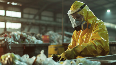 Worker in a bright yellow suit diligently sorts waste materials in a recycling facility, highlighting the importance of safety and environmental care in waste management operations.の素材