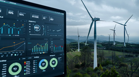 An analytical dashboard displaying energy data alongside wind turbines in a lush landscape. This image exemplifies technology and sustainability in renewable energy solutions.の素材