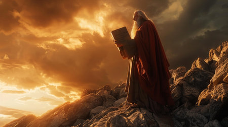 A wise figure stands on rocky terrain, holding an ancient text beneath a stunning sunset and dramatic clouds, evoking themes of contemplation and spirituality.の素材