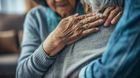 A heartwarming moment featuring two women from different generations sharing an intimate embrace. This image captures love, connection, and warmth in a cozy indoor setting.の素材