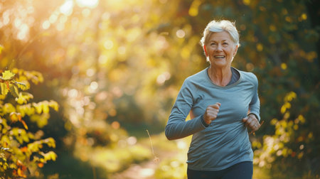 A senior woman enjoys a run in a serene natural setting, radiating happiness and energy. The warm sunlight enhances the peaceful atmosphere, showcasing vitality.の素材