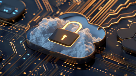 A visually striking representation of secure cloud storage featuring a padlock symbol against a circuit board background, emphasizing data protection and digital security.の素材