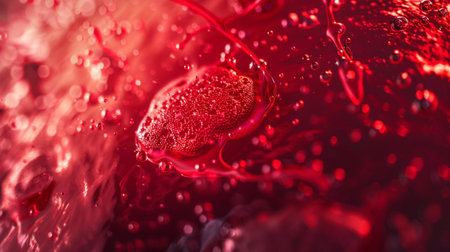This stunning close-up image captures the rich textures and vibrant colors of a red liquid surface, highlighted by bubbles and dynamic reflections.の素材