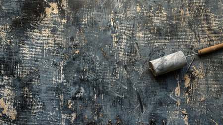 A close-up view of a textured dark background featuring a paint roller. This image captures the essence of creativity and home improvement, ideal for design projects.の素材