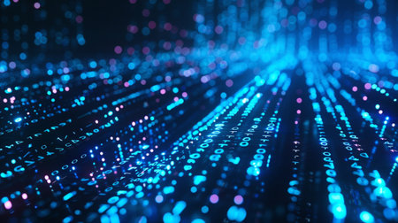 This image features an abstract representation of data flow in a high-tech environment, showcasing vibrant blue lights and binary numbers. Ideal for technology-related concepts.の素材