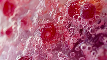 Close-up image of bubbles and raspberries suspended in sparkling water, creating a vibrant and refreshing visual perfect for summer drink inspirations.の素材