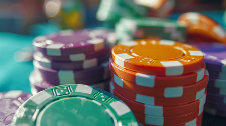 Close-up of vibrant poker chips in various colors stacked on a casino table, capturing the excitement and fun of gambling and card games. Perfect for gaming themes.の素材