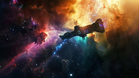 A stunning depiction of a spacecraft gliding through a vibrant nebula, showcasing brilliant colors and celestial wonders in a vast cosmic expanse. Perfect for science fiction enthusiasts.の素材