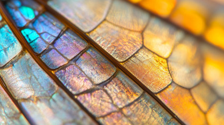 Explore the vibrant and intricate details of a dragonfly wing, showcasing stunning iridescent colors and patterns that highlight the beauty of nature.の素材