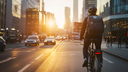 A lone cyclist navigates a bustling urban street at sunset, surrounded by reflections and shadows, embodying freedom and active lifestyle amidst city life.の素材