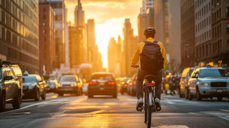 A cyclist rides through a bustling city street during sunset, surrounded by skyscrapers and traffic. The warm glow of the evening light adds a vibrant touch to the urban scene.の素材