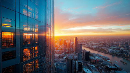 Breathtaking cityscape capturing a vibrant sunset behind skyline buildings, showcasing a glass structure reflecting the colorful sky and river view.の素材