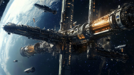A stunning depiction of a futuristic space station orbiting Earth, surrounded by various spaceships. This scene captures the essence of advanced technology and cosmic exploration.の素材