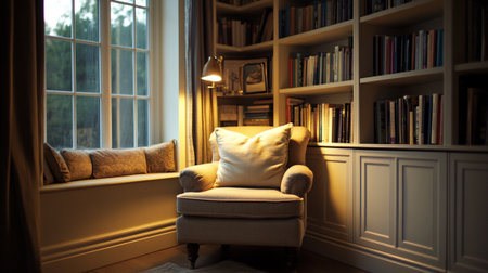 This serene reading nook features a comfortable armchair and bookshelves filled with books, illuminated by soft lighting, offering a perfect spot for relaxation and reading.の素材
