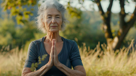 An elderly woman practices mindfulness in a serene outdoor setting. With hands together and closed eyes, she radiates peace and tranquility amidst nature's beauty.の素材