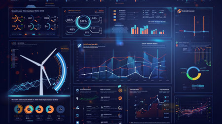 Explore a detailed data visualization dashboard showcasing renewable energy analysis. Features vibrant graphs, performance metrics, and insightful statistics for informed decisions.の素材