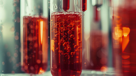 A captivating close-up of test tubes filled with vibrant red liquid, showcasing bubbles and vivid colors. Ideal for science and chemistry themes.の素材