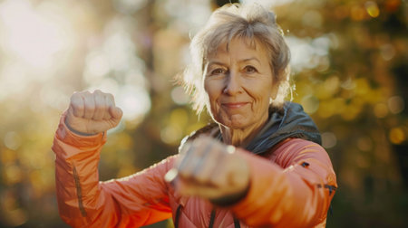 A joyful senior woman is exercising outdoors in an autumn setting, showcasing strength and resilience. Her energetic pose highlights vitality and a positive lifestyle.の素材