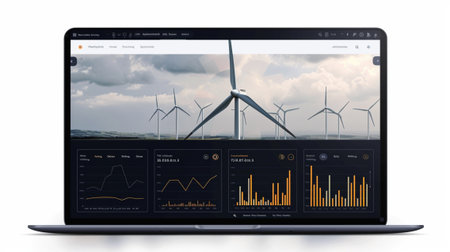 A sleek laptop showcases a detailed dashboard for wind energy analytics, featuring graphs, trends, and monitoring data against a backdrop of wind turbines.の素材