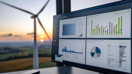 A modern data analysis dashboard displayed on a computer monitor with wind turbines in the background. The sunset adds an enchanting touch to the scene, highlighting renewable energy analytics.の素材