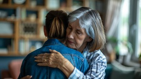 A touching moment captured in a cozy indoor setting, showcasing the emotional embrace between an older woman and a younger woman, symbolizing love and connection.の素材