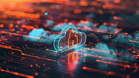 A captivating digital cloud security concept featuring a lock, symbolizing data protection amidst a vibrant circuit board design, ideal for technology themes.の素材