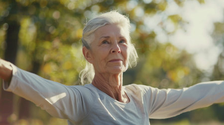 An elderly woman stands in a park, embracing nature with outstretched arms, radiating joy and tranquility while surrounded by vibrant greenery and sunlight.の素材
