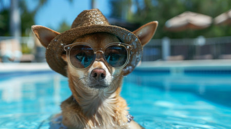 A playful dog wearing stylish sunglasses and a hat enjoys a refreshing swim in a sparkling pool under the sun, embodying fun and relaxation.の素材