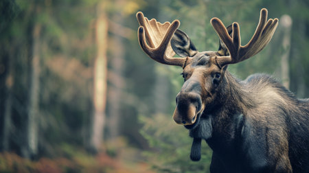 A magnificent moose stands proudly in a lush forest, showcasing its impressive antlers amid natural beauty. This serene wildlife portrait captures the essence of nature.の素材