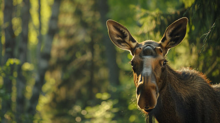 A striking close-up of a moose in a serene forest setting during golden hour. The natural light beautifully highlights the moose's features and the lush greenery around. Perfect for wildlife enthusiasts and nature lovers.の素材