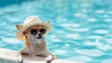 A charming chihuahua dog wearing sunglasses and a hat relaxes poolside, embodying the essence of summer leisure and fun in the sun.の素材