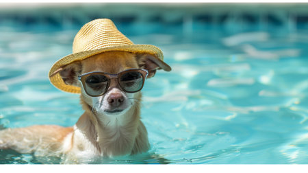 An adorable dog relaxes in a pool wearing stylish sunglasses and a straw hat, capturing the essence of summer fun and playfulness in a vibrant, sunny setting.の素材