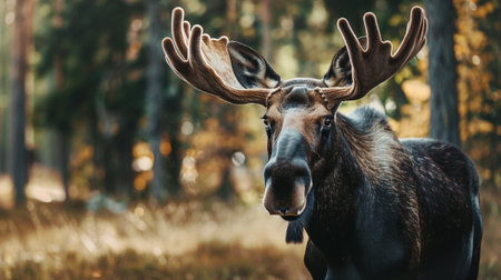 A stunning close-up of a majestic moose with impressive antlers standing in a tranquil forest. The autumn colors create a serene atmosphere in nature.の素材