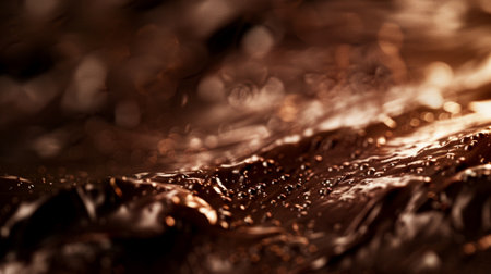 A close-up view of a rich chocolate surface displaying glossy textures and scattered bubbles. This image captures the essence of indulgence and sweetness.の素材