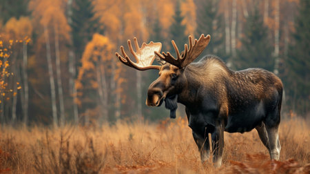 A majestic moose stands in a vibrant autumn landscape, surrounded by colorful foliage and towering trees, embodying the beauty of wildlife in nature.の素材