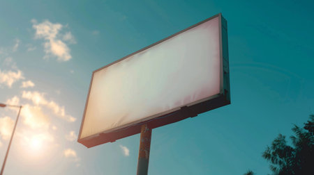 An empty billboard stands tall against a blue sky, illuminated by sunlight, providing ample space for potential advertisements in an urban setting.の素材